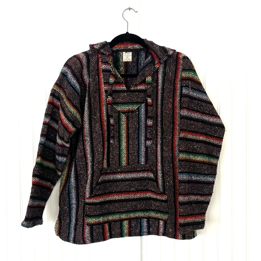 Vintage Colorful Drug Rug Pullover Oversized Hoodie Speckled Gray Tribal Serape